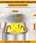 Dope 19.5 Inch Heat Deflector For Solo Stove showing dimensions and stainless steel design with fireplace hook handle and legs
