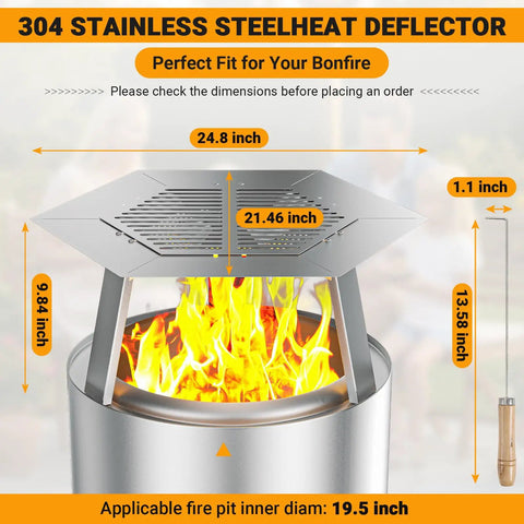 Dope 19.5 Inch Heat Deflector For Solo Stove showing dimensions and stainless steel design with fireplace hook handle and legs