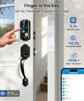 Rock Solid Matte Black Smart Lock For Front Door Handle featuring fingerprint touchpad and app control for keyless entry.