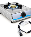 Portable Stainless Steel Single Burner Gas Stove With Auto Ignition Delivers 9800 BTU Per Hour For Quick Even Heating Lightweight LPG Cooktop For RVs Camping Apartments And Outdoor Cooking. Shown with gas hose attachment, ideal for outdoor adventures and compact spaces.
