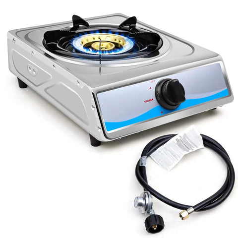 Portable Stainless Steel Single Burner Gas Stove With Auto Ignition Delivers 9800 BTU Per Hour For Quick Even Heating Lightweight LPG Cooktop For RVs Camping Apartments And Outdoor Cooking. Shown with gas hose attachment, ideal for outdoor adventures and compact spaces.