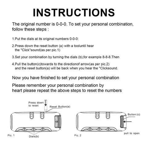 Instructions for setting lock combination on fireproof safe document bags.