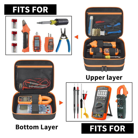 Tough Travel Tool Case Bag For ET310 Breaker Finder And RT250 GFCI Tester Two Layer Pro Grade Organizer showing open compartments with tools