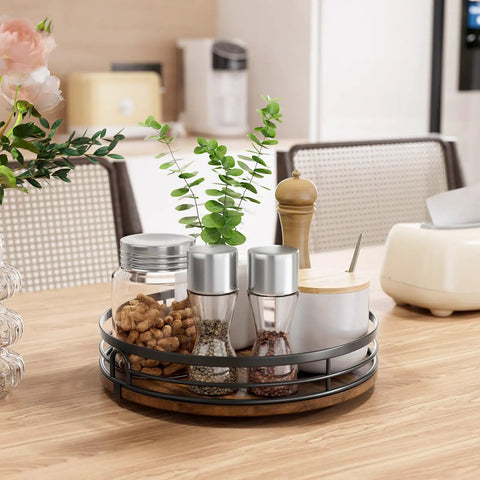 9 Inch Lazy Susan Turntable Organizer For Cabinet And Countertop Round Wood Spinning Shelf with spices and decor on table
