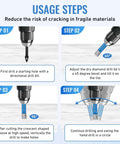 Front view: usage steps for 6-piece diamond drill bits set for porcelain, ceramic, glass and tile.