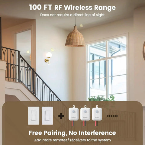 Wireless Light Switch And Receiver Kit No Wiring Or WiFi Needed With 100Ft Range shown with remote receivers.
