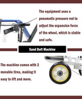Beefy Hand Push Sand Belt Grinder With Slick Polish Finish 4Kw Motor Cranks Out Two Thousand Eight Hundred Rotations For Crushing Rust And Smooth Deburring Before Giving Metal Ridiculously Sharp Ready Finishes showing pneumatic pressure rod and movable tires.