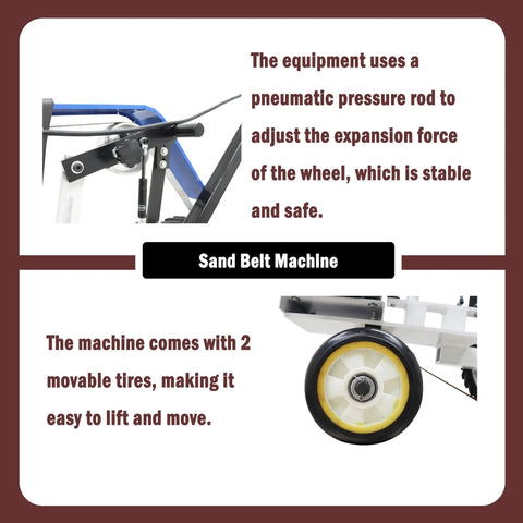 Beefy Hand Push Sand Belt Grinder With Slick Polish Finish 4Kw Motor Cranks Out Two Thousand Eight Hundred Rotations For Crushing Rust And Smooth Deburring Before Giving Metal Ridiculously Sharp Ready Finishes showing pneumatic pressure rod and movable tires.