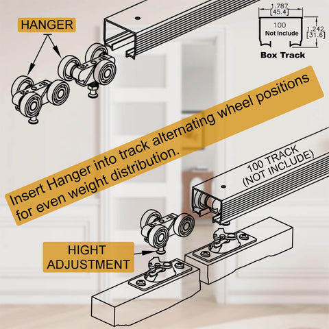 Diagram showing components of Pocket Door Roller Replacement Kit With 1 Inch O D Wheels For 100, 134F, 138F, 2610F Track Systems