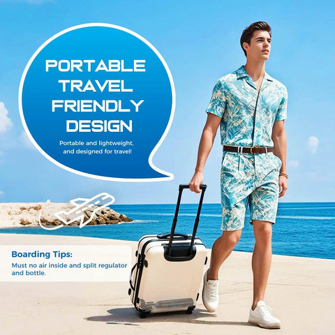 Man with suitcase near ocean promoting Mini Scuba Tank 0.5L Portable Diving Tank Up To 10 Minutes Pony Bottle Reusable Lung Tank 3000 PSI