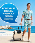Man in tropical outfit walking with suitcase, promoting travel-ready ultra portable mini scuba tank with pump for snorkeling.