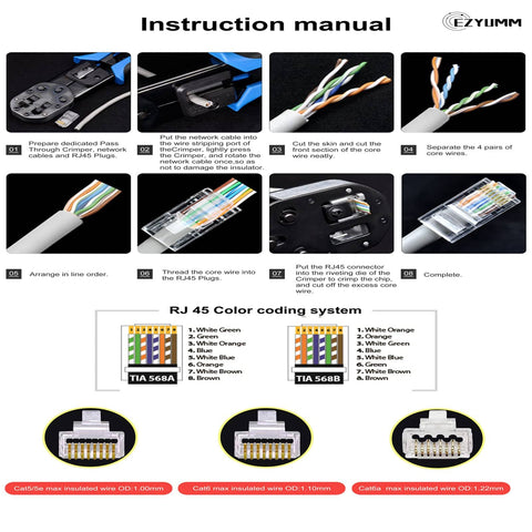 Instruction manual for 100 Pack Pass Through RJ45 Connectors For Cat6 Ethernet showing wiring and installation steps.