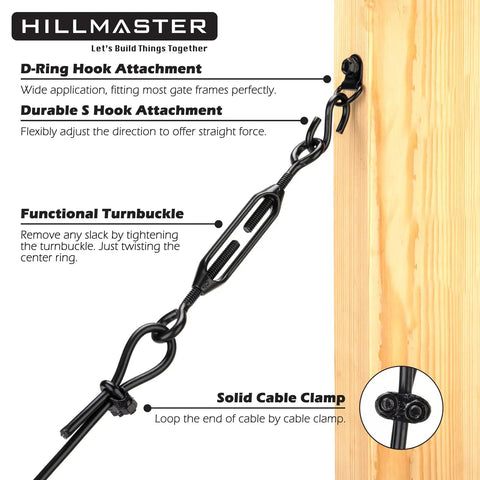 Anti Sag Gate Kit For Wooden Fences And Outdoor Gates With Heavy Duty Stainless Steel Cable Tough Gate Support Kit In Black Finish for No Sag Weatherproof Fence Hardware featuring turnbuckle and hook attachments