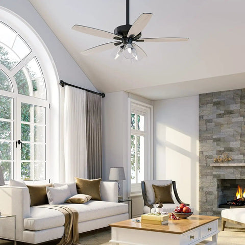 Farmhouse Ceiling Fan With Light And Remote, 52 Inch Outdoor Ceiling Fan in Oak and Black, in a modern living room setting
