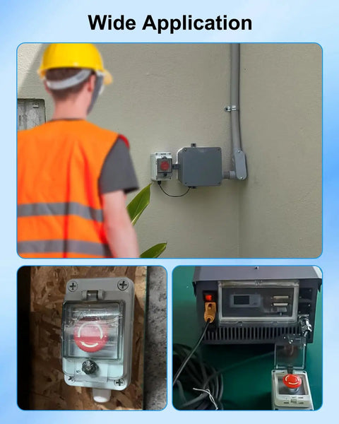 Built Tough Heavy Duty Emergency Stop Button With Waterproof Enclosure for outdoor use, installed on wall with IP67 rating