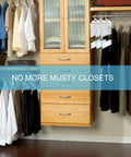 Closet with wooden drawers and hanging clothes, featuring the 6 Pack Moisture Absorber And Odor Eliminator Hanging Bags for closets.