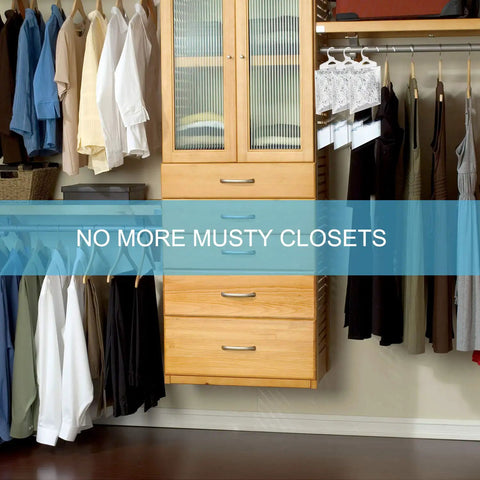 Closet with wooden drawers and hanging clothes, featuring the 6 Pack Moisture Absorber And Odor Eliminator Hanging Bags for closets.