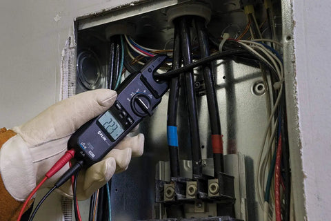 Voltage, Continuity And Current Tester With Open Jaw, 1000V 200A, CAT IV Safety being used in electrical panel by technician