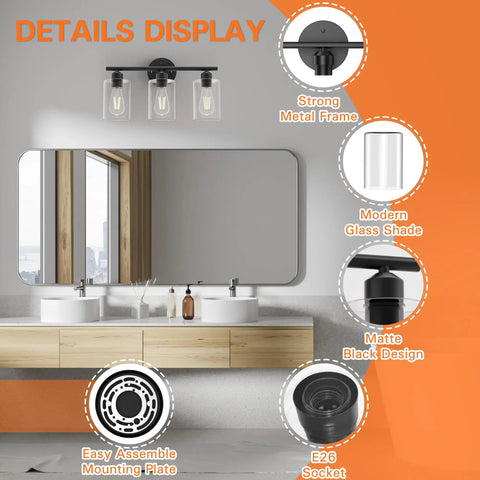 Dope Matte Black 3 Light Vanity Light Over Mirror With Glass Shades UL Certified Bathroom Wall Sconces Modern Black Vanity Fixture