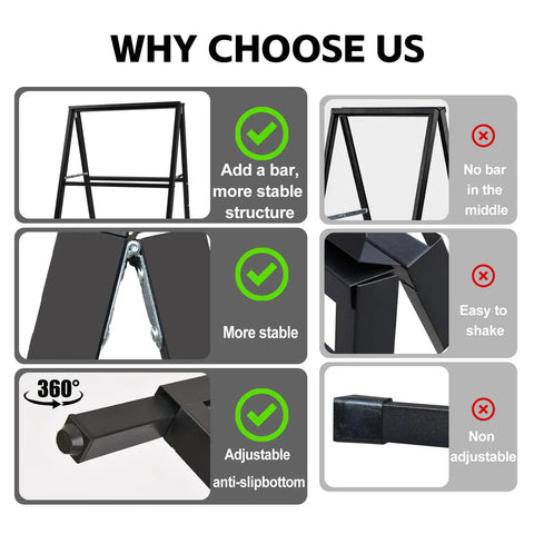 Comparison of Double Sided A Frame Sign 24 By 36 Inch Boss Grade Heavy Duty Folding Sandwich Board features with checkmarks.