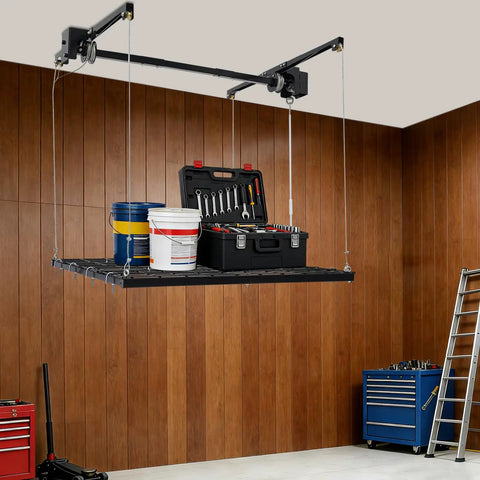 Hardcore Adjustable Overhead Garage Storage Rack With 300 Pound Capacity holding tools and paint cans in a garage setting.