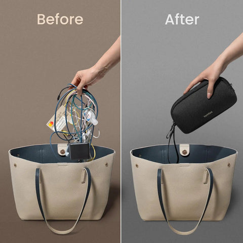 Before and after using Electronics Organizer Travel Case Water Resistant Cable Organizer for Essentials Tech Pouch.
