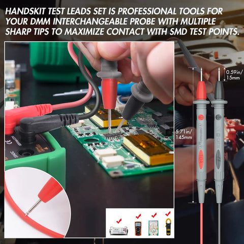 Heavy Duty Electrical Multimeter Test Leads Kit With Alligator Clips, Hooks And Probes, 1000V CAT II, 10A in use on circuit board