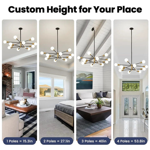 Modern Sputnik Chandelier Ceiling Light With 12 Lights In Gold And Black, Adjustable Height Options Displayed in Various Rooms