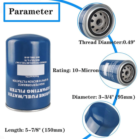 Water Separator Filter 10 Micron For Yamaha MAR-FUELF-IL-TR Sierra 18-7866 Mallory 9-37807 showing dimensions and thread size