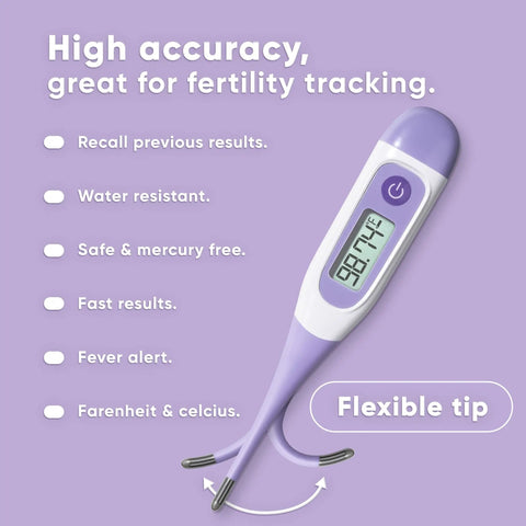 Digital Basal Thermometer For Fertility And Ovulation Tracking With High Accuracy, Pregnancy Monitoring, LCD Display, Waterproof, Longer Stabilization Time For Precise Readings, No-Fuss Oral Or Rectal Use. Purple digital thermometer with flexible tip
