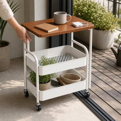 Three Tier Rolling Side Table With Lockable Casters And Spacious Storage Shelves For Hassle Free Room To Room Moving Everyday Utility Cart Stand For Home Organization Built Tough For Any Space with wooden top and two storage baskets.