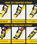 Instructions for using Heavy Duty Car Tie Down Straps For Trailers 4 Pack 2 Inch By 10 Feet With 10,000 Lb Break Strength And Four Ratchets
