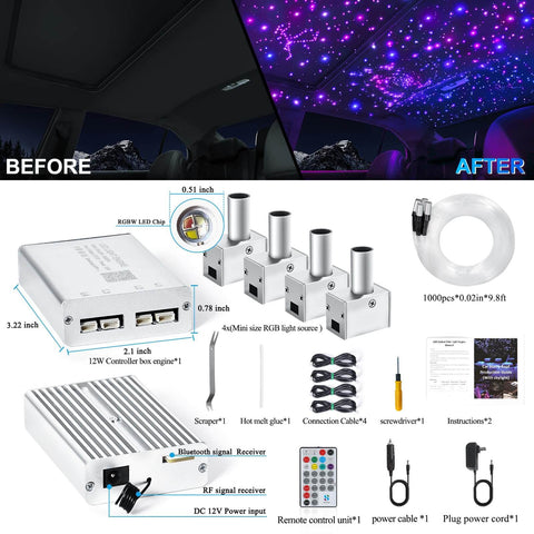 Split 4 Colors 12W Car Starlight Headliner Kit with 1000pcs 0.02in 9.8ft Fiber Optic Strands RGBW, components and installation guide