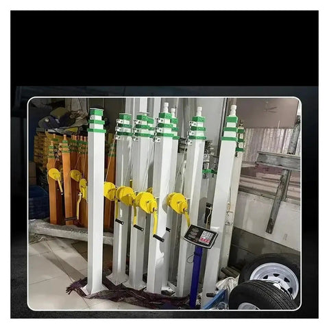 Portable Hydraulic Telescopic Mast Lift Featuring Four Section Folding Boom Manual Pump And Smooth Raising Action Built For Easy Mobility Hassle Free Set Up And Grab And Go Job Site Ready Performance showing multiple upright support masts.