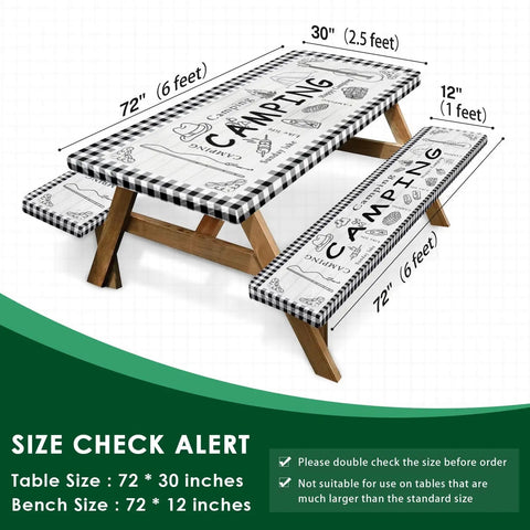 Three Piece Picnic Table Cover Set With Bench Covers, Elastic Edges, Farm Plaid Fitted Tablecloth, 72 Inch Outdoor Camping