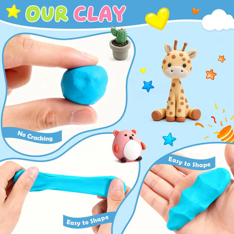 Hand shaping blue clay from 52-Color Polymer Clay Kit With Sculpting Tools And Storage Box For Starter-Friendly Beginners, Oven Bake DIY Modeling Clay, Non-Toxic And Non-Stick, Includes Instructions And Accessories, A Dope Gift For Kids And Adults