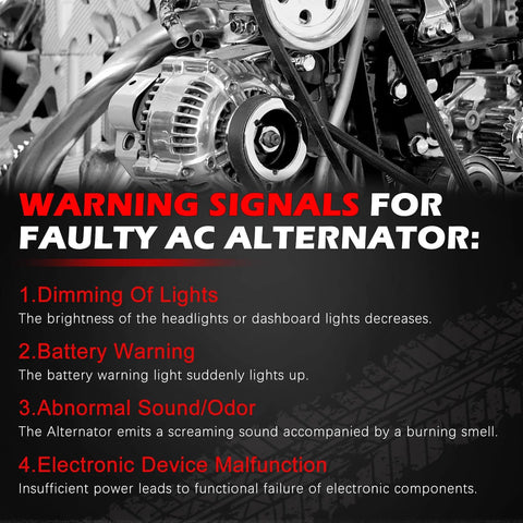 Infographic showing warning signals for faulty AC alternator such as dimming lights, battery warning, and abnormal sound.