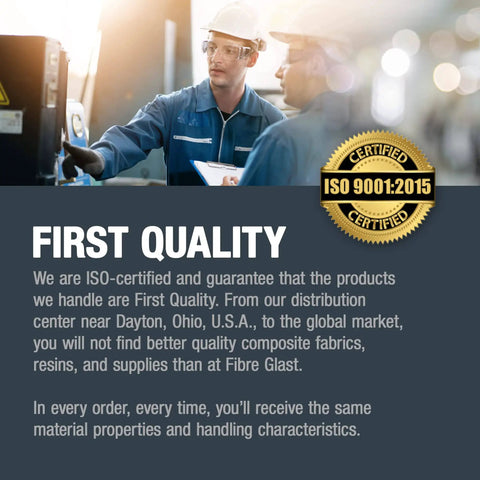 Two workers in a manufacturing setting with ISO 9001:2015 certification badge, emphasizing first quality standards.