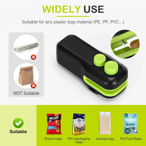 Image showing a black 2 In 1 Mini Bag Sealer With Cutter And Magnet Portable On The Go Heat Seal Tool next to suitable and unsuitable bag examples.