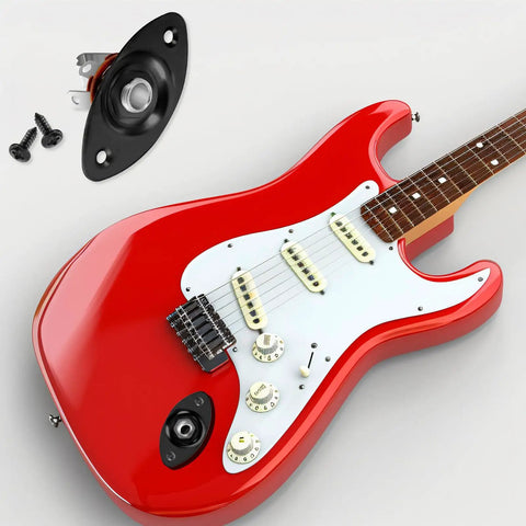Road Ready 1/4 Mono Guitar Jack Plate Replacement Built Tough With Heavy Duty Steel Casting And Spot On 3/8 Inch Mounting Spacing and screws beside red electric guitar.