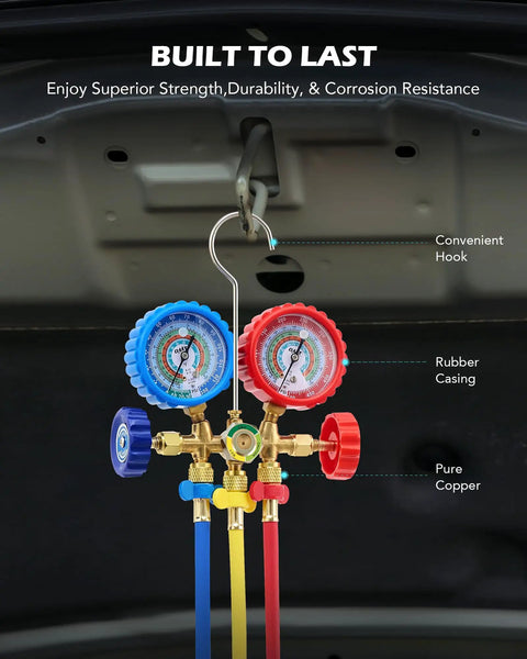 3 Way AC Manifold Gauge Set With 5 Ft Hoses For R12 R134a R502 R22 Systems, Pro Grade, High Accuracy 2.6 Inch Gauges, Includes R134a Couplers, 29 Degree Adapter, Piercing And Self Sealing Can Taps, Complete AC Service Kit. with blue and red gauges
