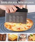Front view of Ourokhome dough bench cutter scraper with laser scale, stainless blade, black handle, slicing pizza.