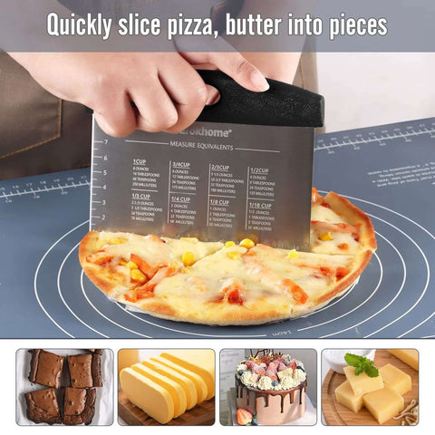 Front view of Ourokhome dough bench cutter scraper with laser scale, stainless blade, black handle, slicing pizza.