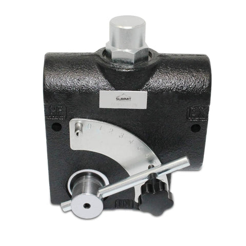 Front view: Summit Hydraulics adjustable flow control valve with relief, black body, silver dial, 0-30 GPM, 3/4 NPT