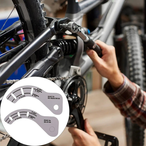 Adjustable Bike Derailleur Gauge for 12 Speed Electronic Drivetrains in use, showing tool-free setup and lightweight alloy construction