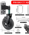 Product details showing Beefy 8 Inch Gate Wheels With Brake 2 Pack For Metal And Wooden Gates 600 Pound Capacity with tools and gloves.