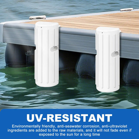 Boat Dock Bumpers And Fender Guards For Edge And Side Protection Built Tough For Smooth No Drama Docking Marine Grade PVC Fenders With UV Resistant Shield 304 Stainless Hardware Included 2 Pack White installed on dock edge