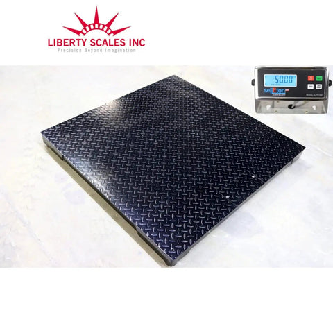 Heavy Duty Digital Pallet Scale With 5000 Pound Capacity And Roomy 48 By 48 Deck showing sturdy steel surface and digital readout.