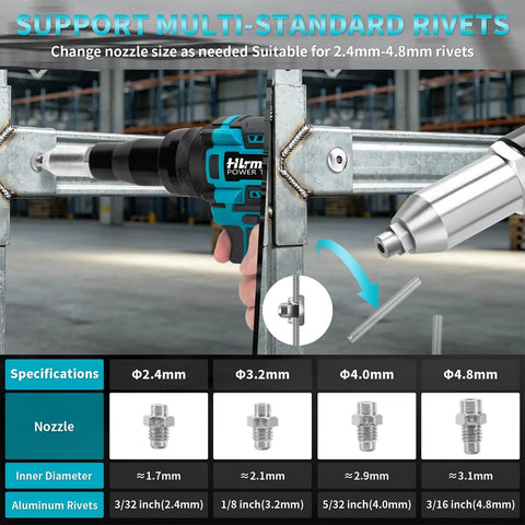Image shows Tough As Nails Brushless Cordless Rivet Gun with interchangeable nozzles for multi-standard riveting on metal.