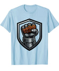 Men Mechanical Fist Gear Knuckles Graphic Jersey Tee In Baby Blue X Large features gear design on a lightweight jersey.